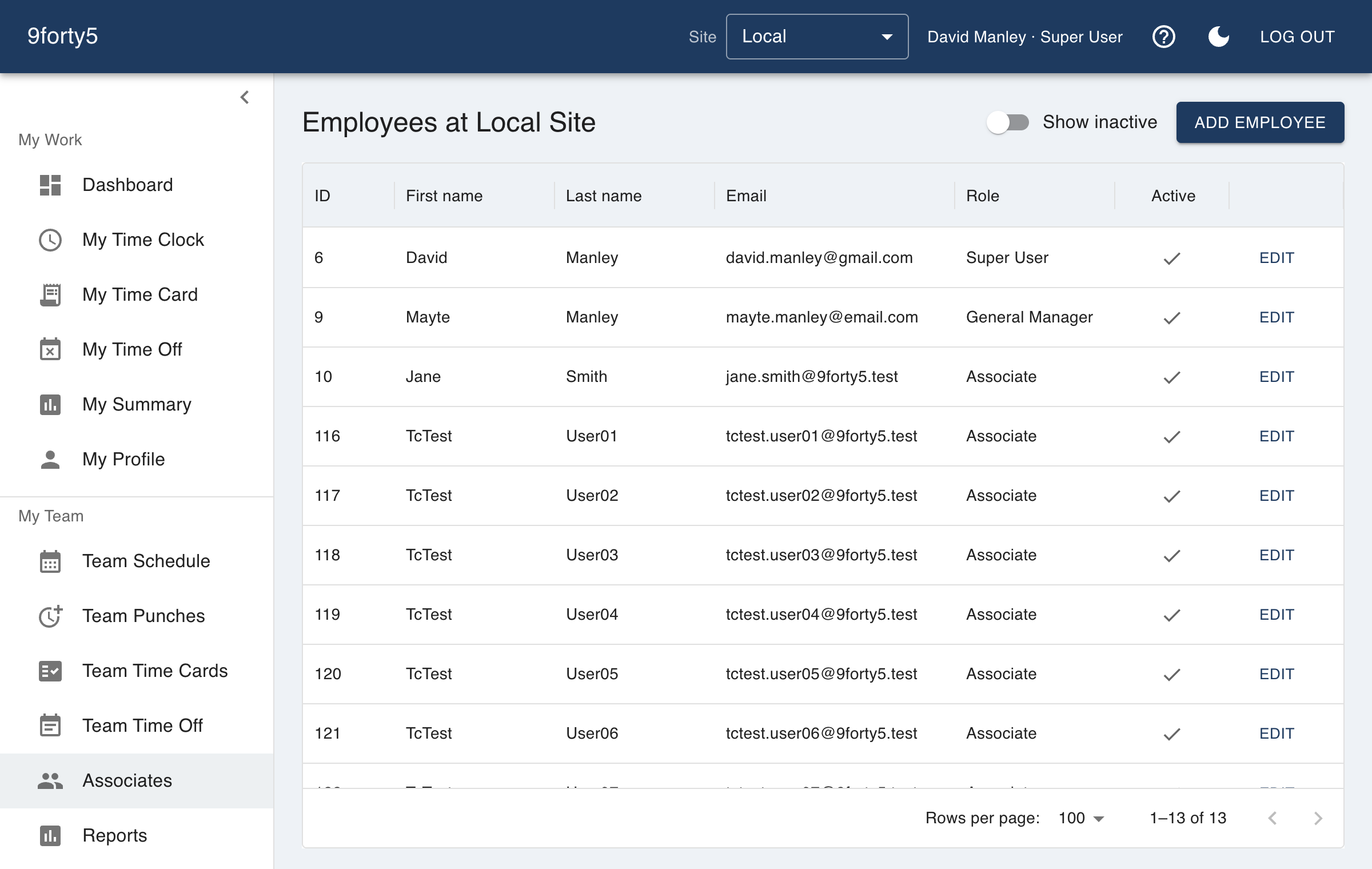 The associates list managers use to add and manage employees