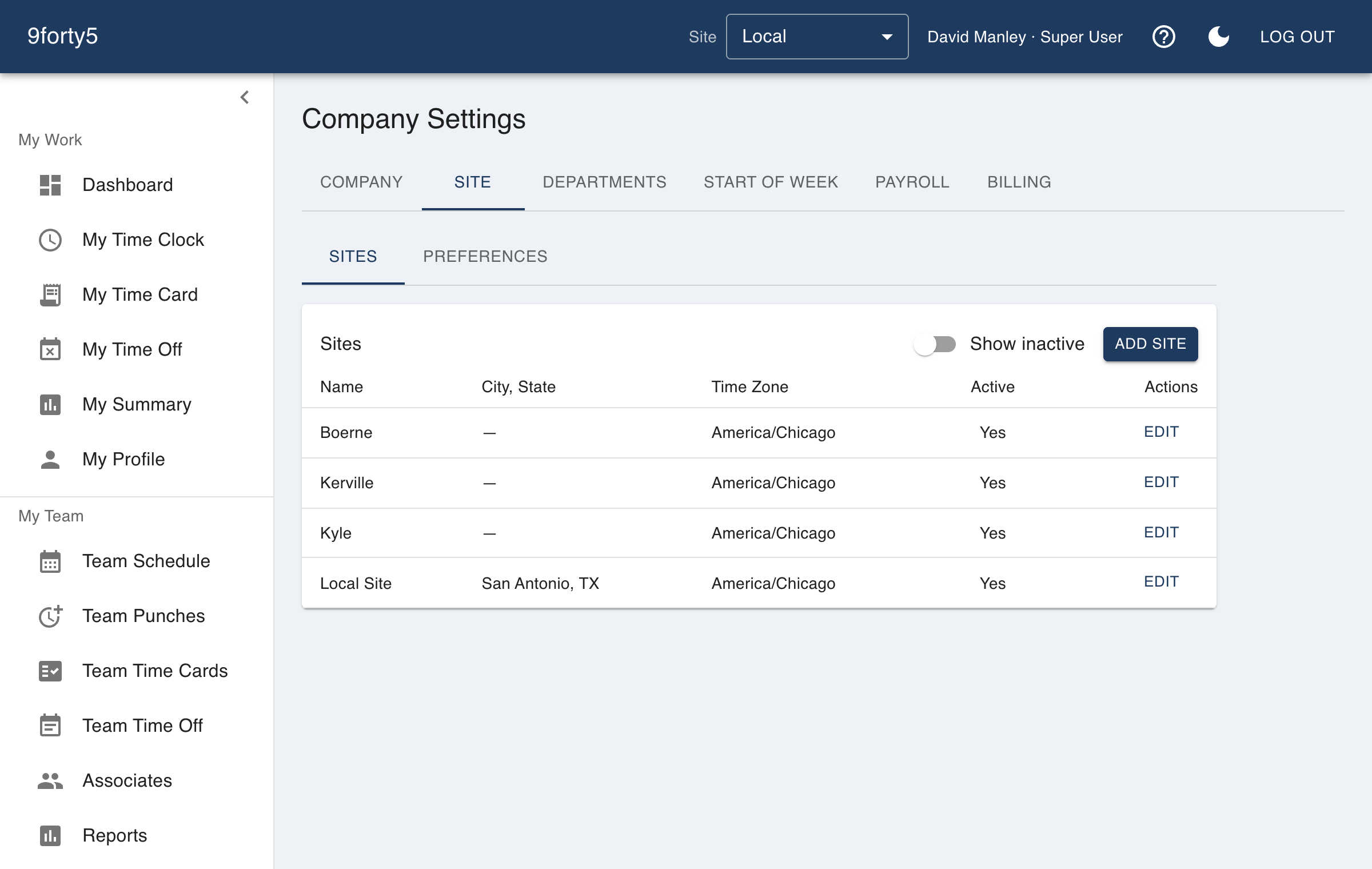The Company Settings page with the Sites tab open, listing each site with its time zone and status