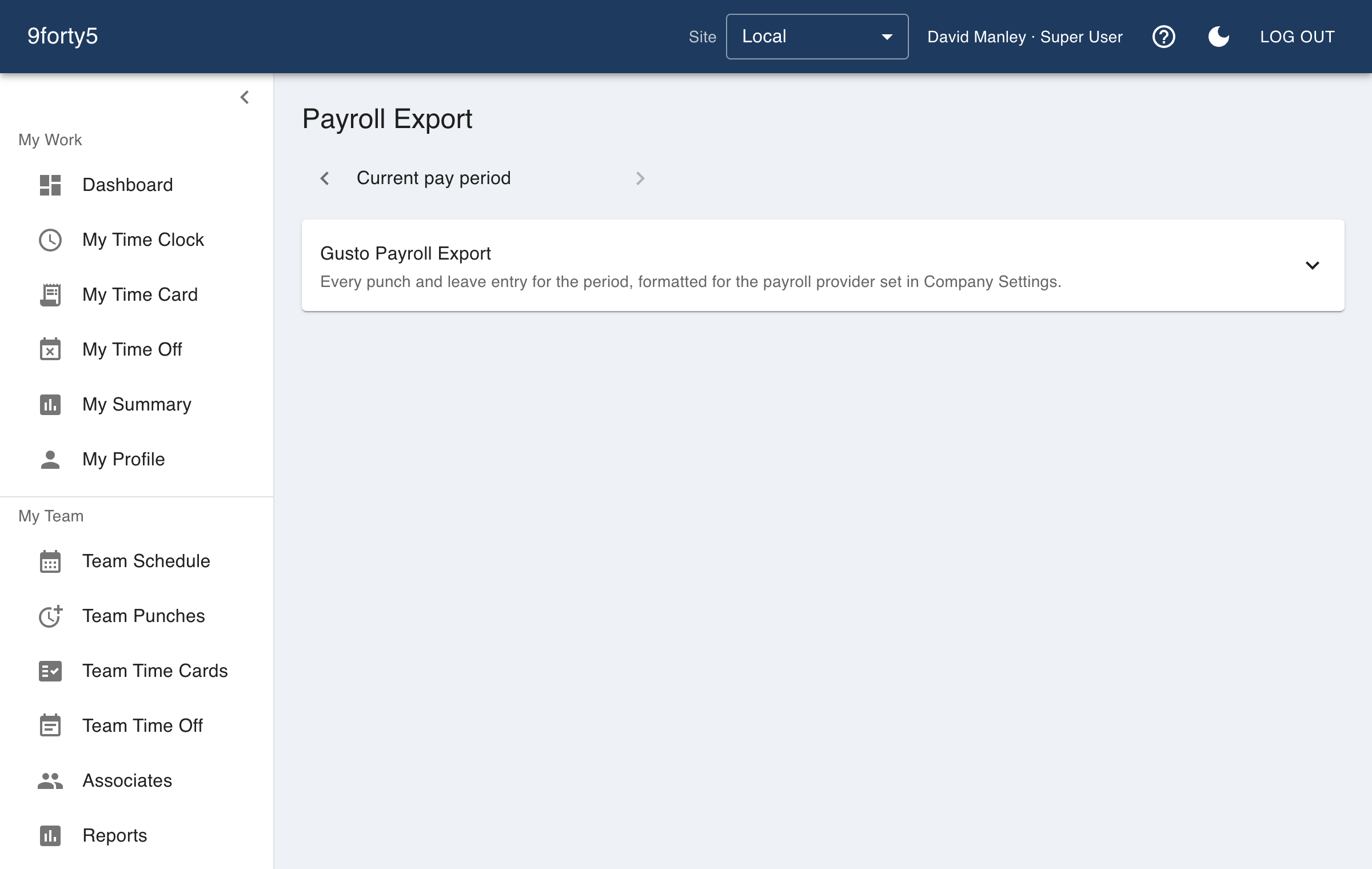 The payroll export page with a pay period selected and a download button for the provider's file