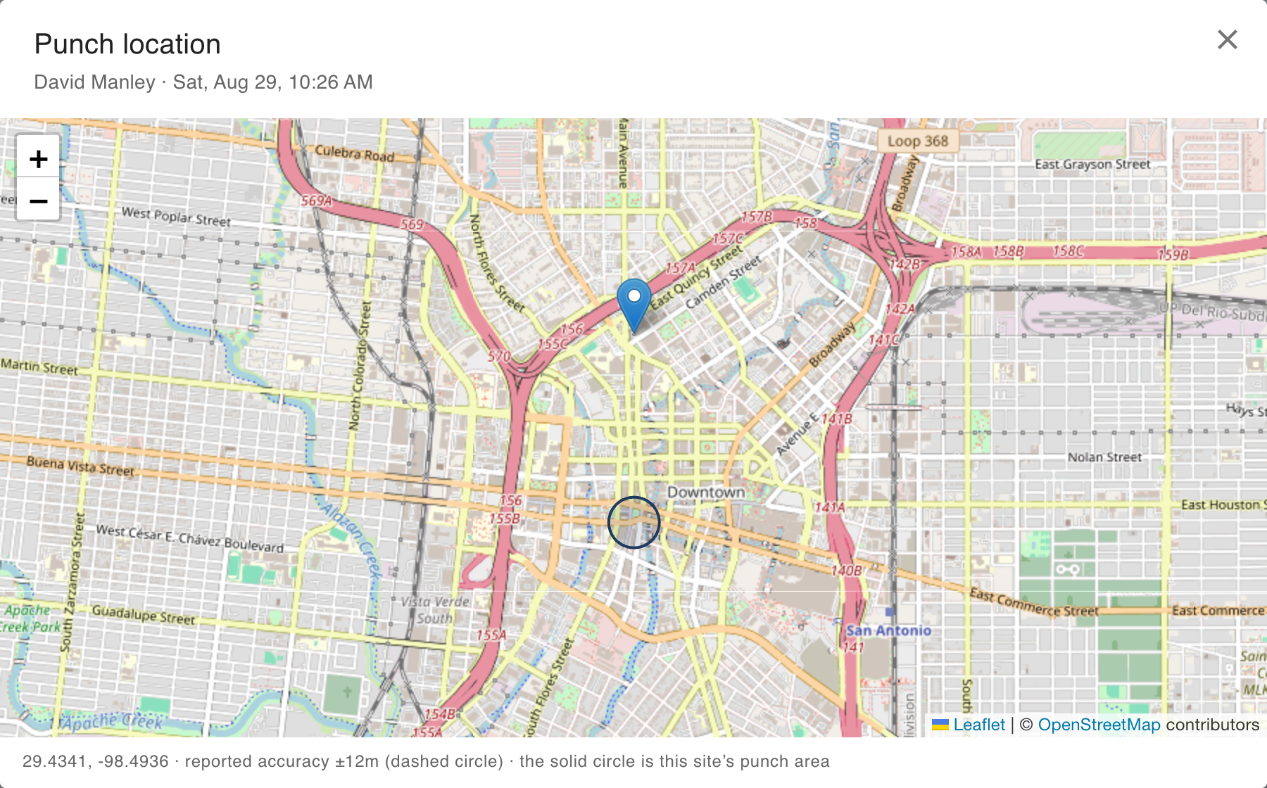 A dialog showing a map with a pin where the punch was recorded and a circle marking the site's punch area