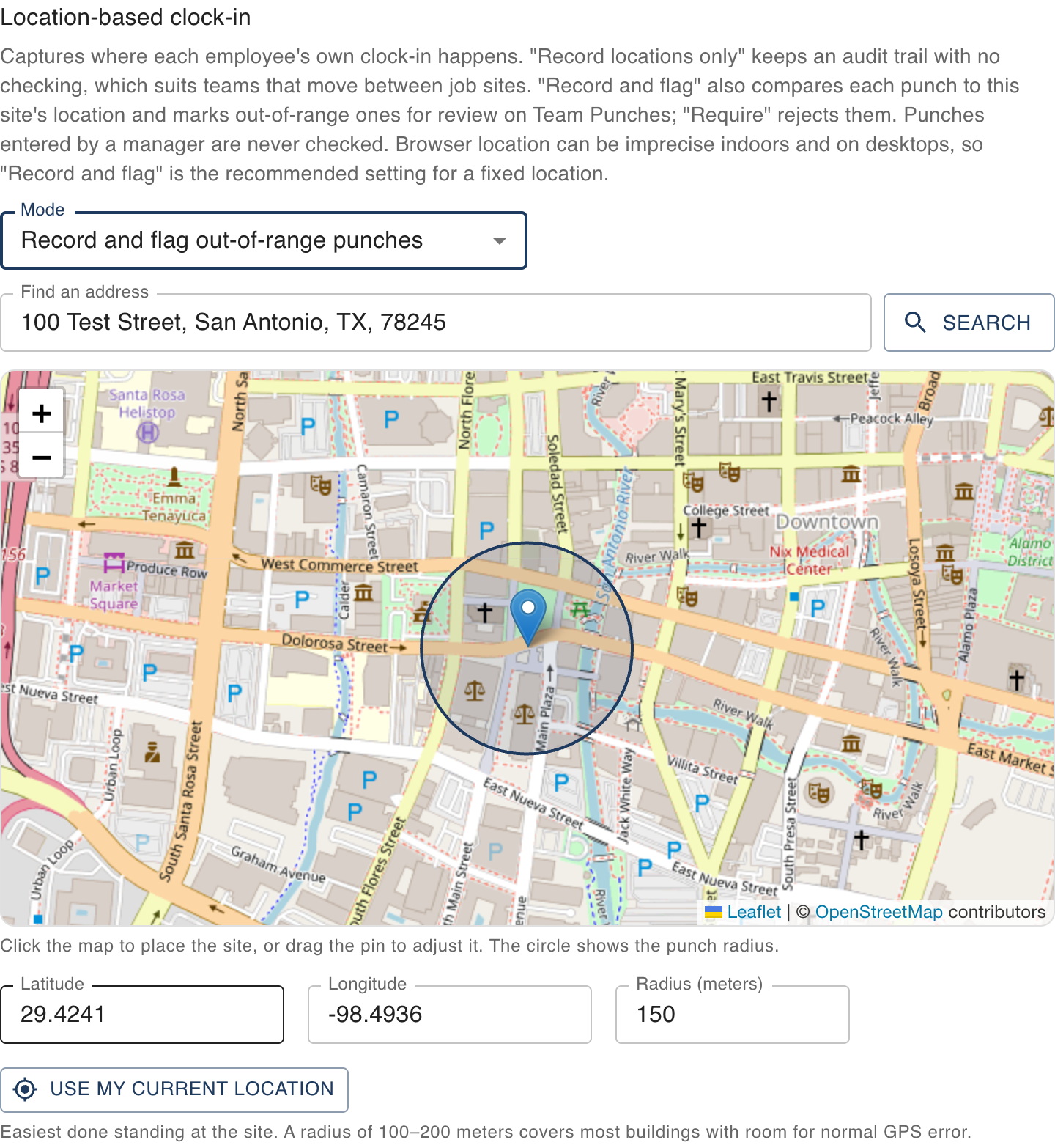 The location-based clock-in section showing a mode picker, a map with a pin and radius circle, coordinate fields, and a Use my current location button