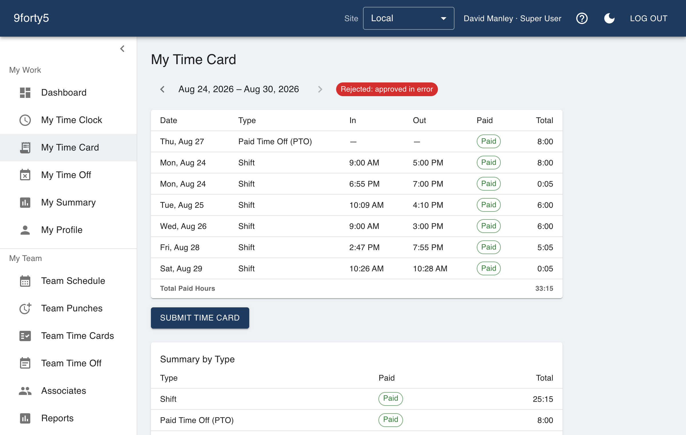 An employee time card showing regular and overtime hours split by day