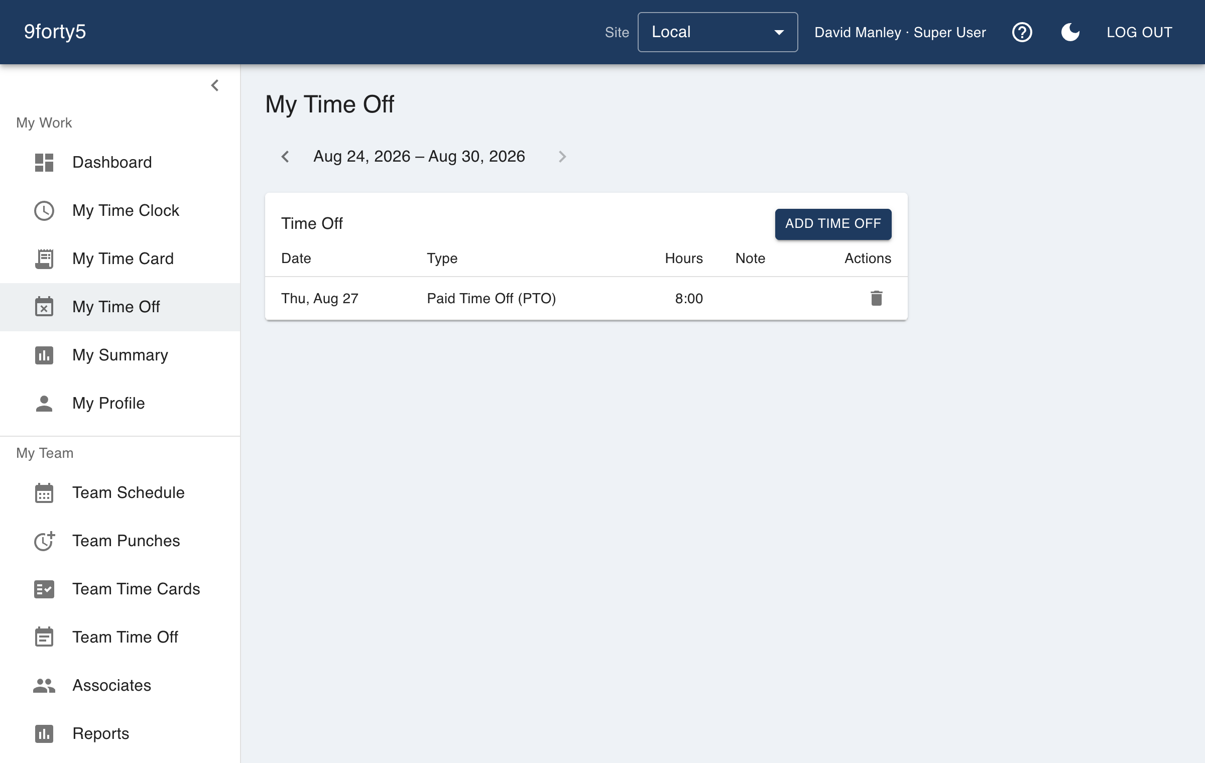 The time-off page with a request form and a list of past and pending requests